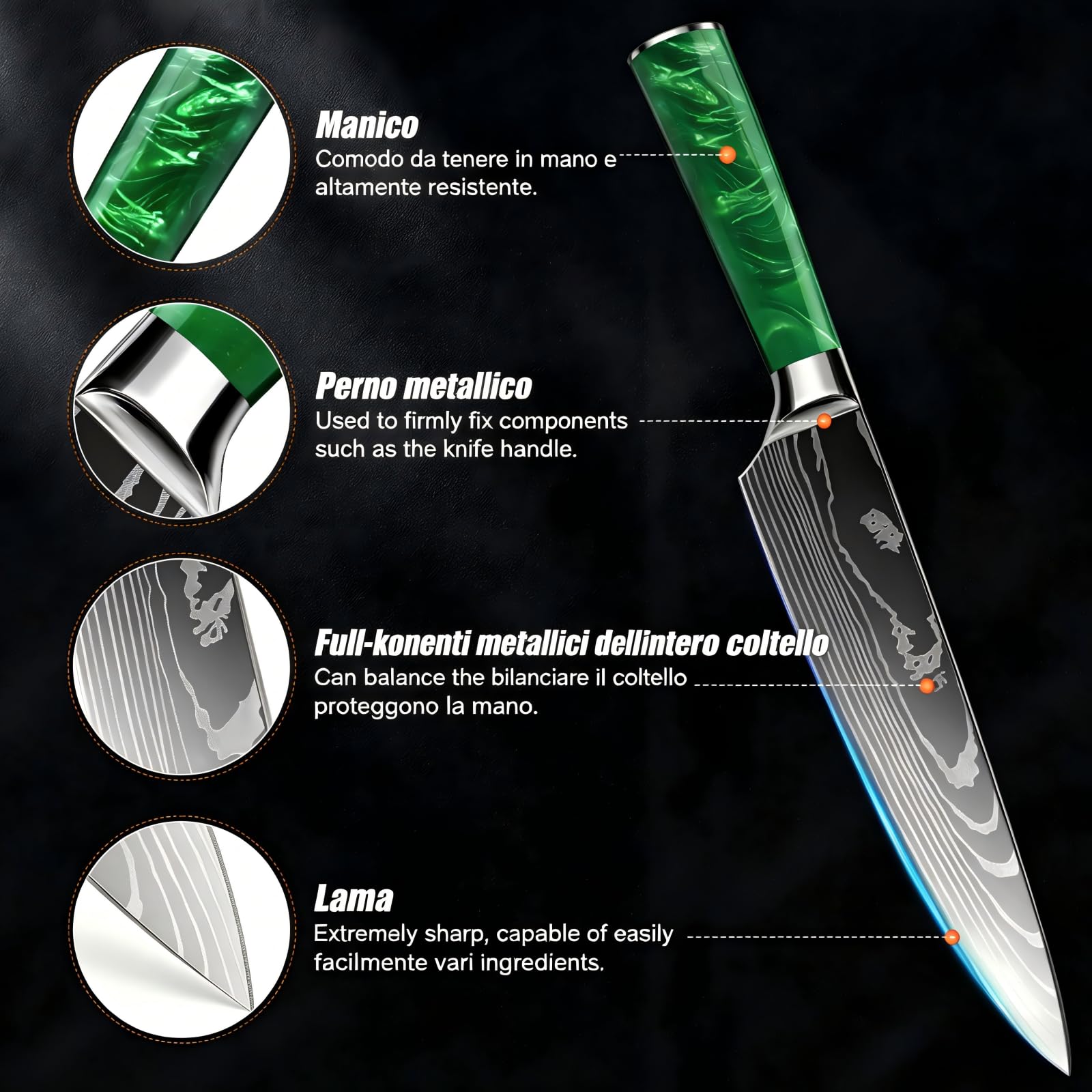 Set Coltelli da Cucina, 10pz, con Coltelli da disosso, Coltelli per frutta e Coltelli da Chef, Manico in resina, Acciaio Inossidabile, Damasco, set coltelli da cucina professionali(Verde)