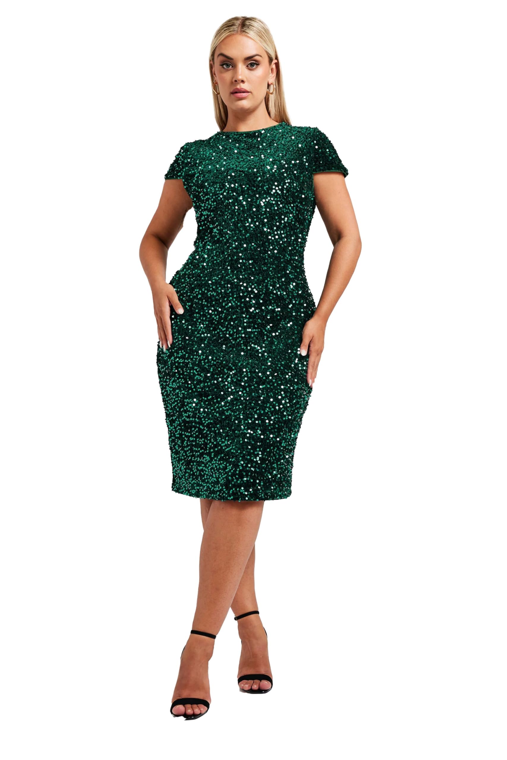 Yours London Curve Velvet Sequin Dress - Women's - Plus Size Curve Green