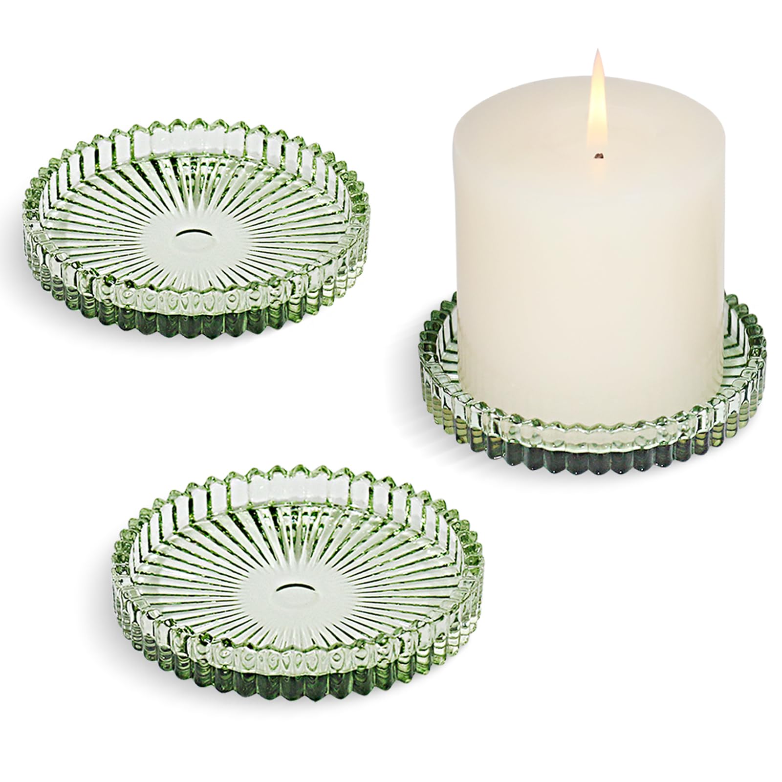 HofferRuffer 3 Pack 10cm Glass Candle Plates,Round Candle Holders for Pillar Candles Tealight Candlestick Holders,Green
