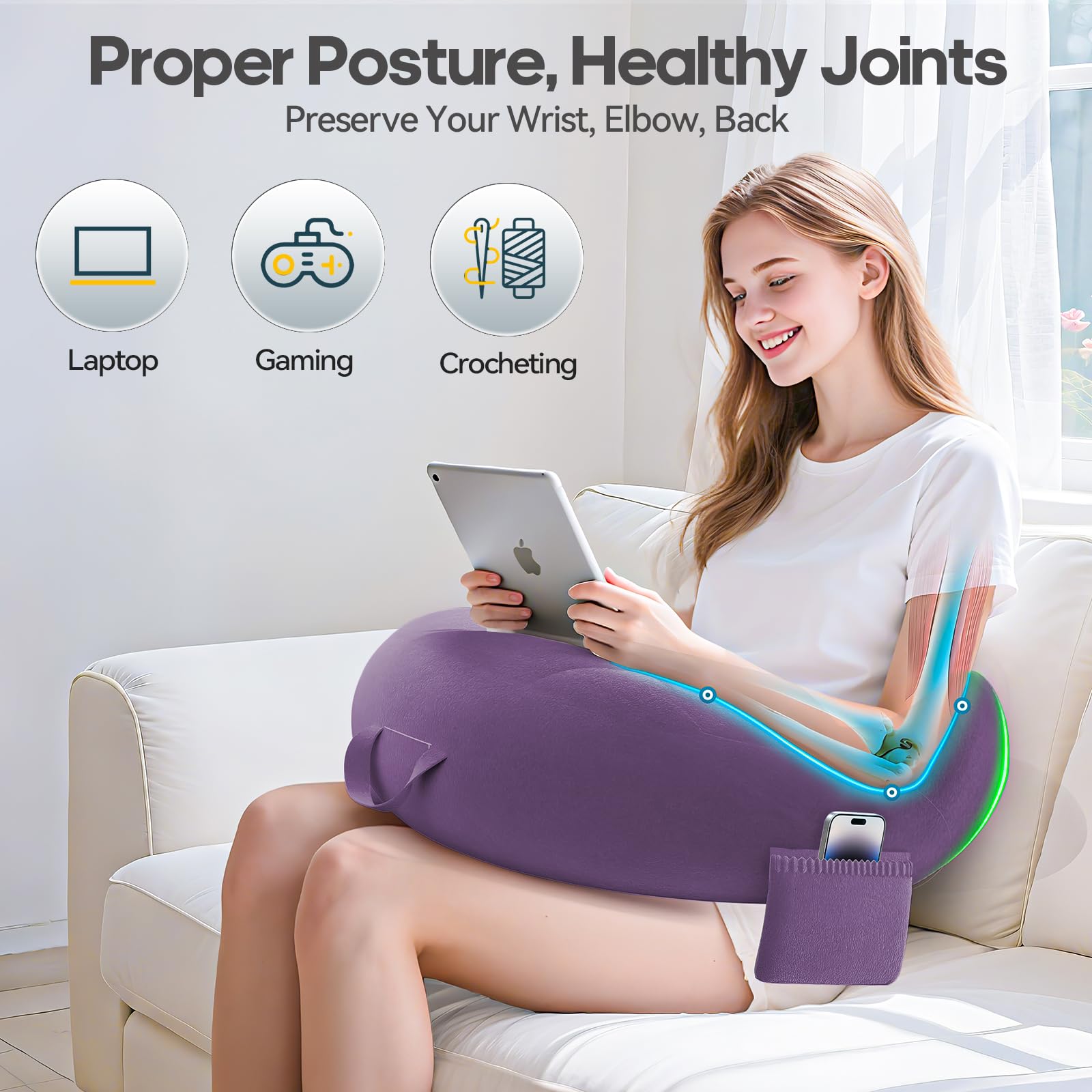 Gaming Kissen & Lesekissen, Reading Pillow für das Sitzen auf dem Bett/Sofa/Fußboden, Fütterungs/Häkelkissen mit großer & Ergonomic Gaming Pillow, Gamer Kissen für Ipad/Laptop - Lila