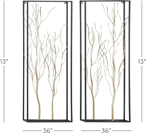 Miniatura 3 de Deco 79 Escultura de pared de árbol de metal para el hogar, rama con marco negro, juego de 2 arte de pared de 13 pulgadas de ancho, 36 pulgadas de