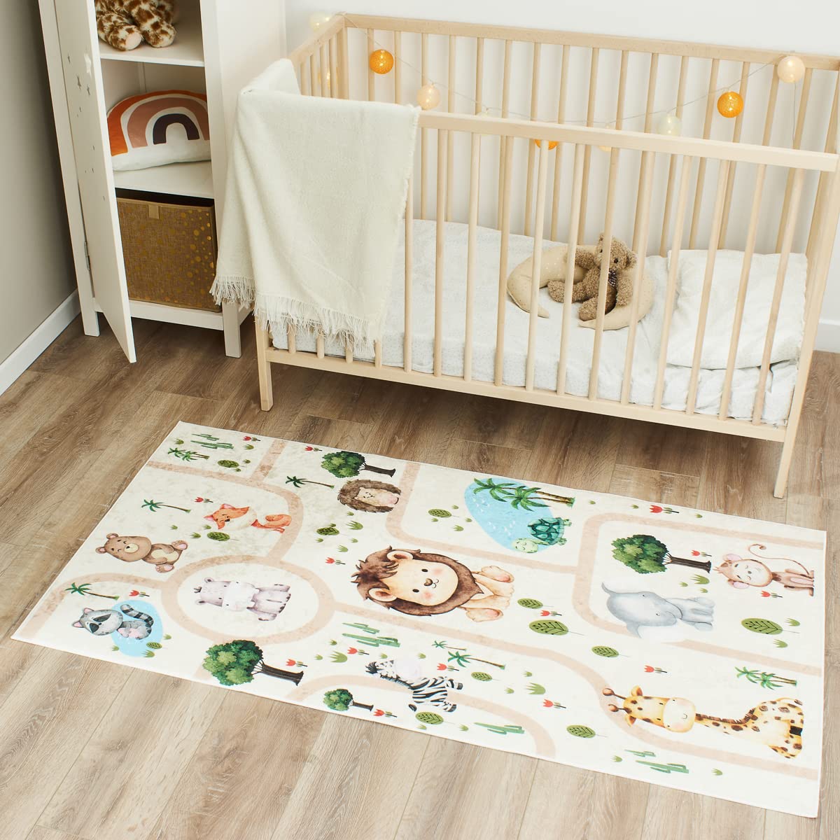 Nazar Tapis Chambre Enfant, Tapis Bébé, Tapis Enfant pour Fille et garçon à Motifs Dinosaure, Carte du Monde et Animaux (739 Beige, 80x150 cm)