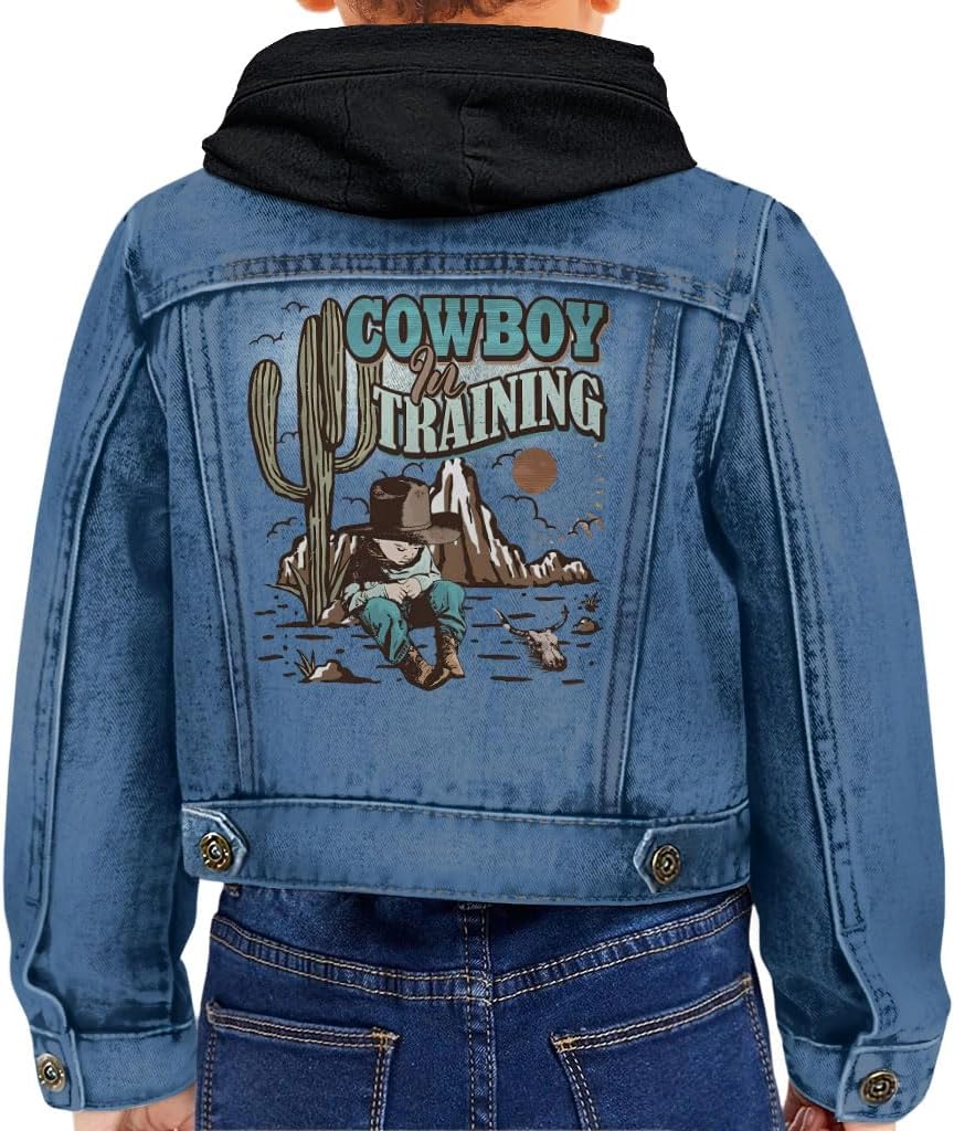 Cowboy in Training Toddler Hooded Denim Jacket - Wild West Gift - Wild West Present - Denim with Black, 18-24 Months