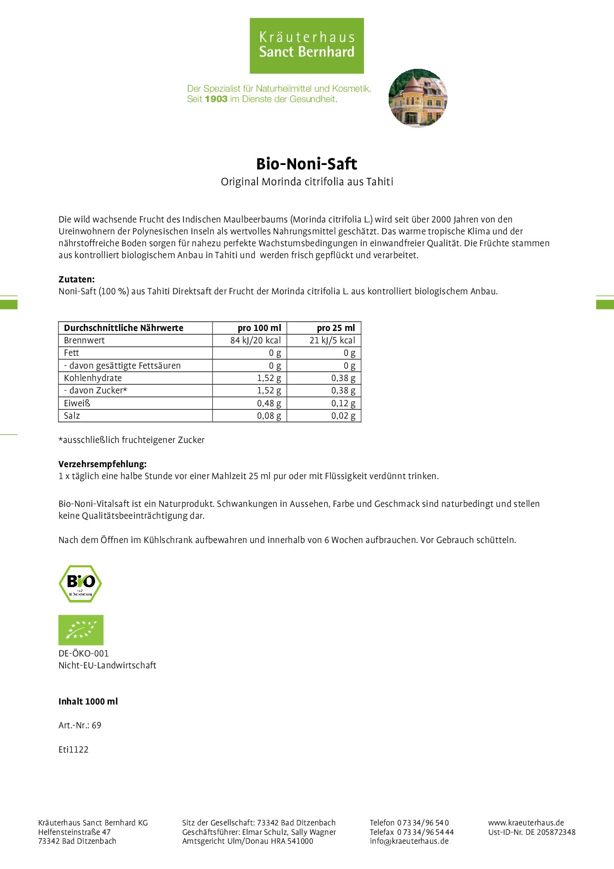 Sanct Bernhard Bio-Noni-Vitalsaft | 3x1 Liter