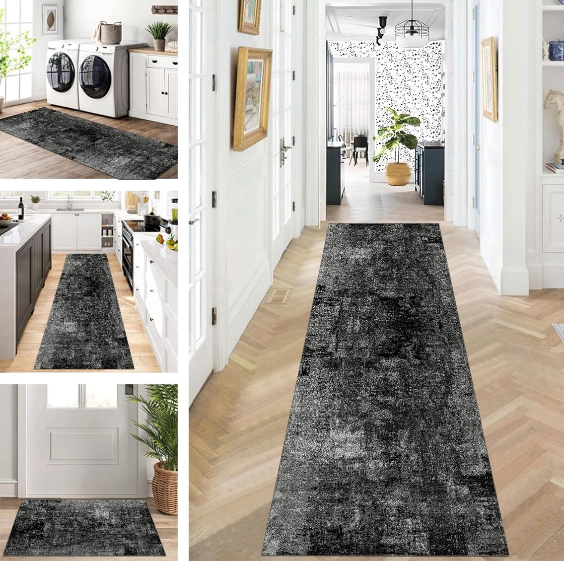 Läufer Flur Küche Waschbar rutschfest Korridor Teppichmatten 90X200cm Lang Schwarzgrau Küchenteppich Flurteppich Läufer Schlafzimmer Esszimmer Polyester Teppichläufer Meterware Anpassbar