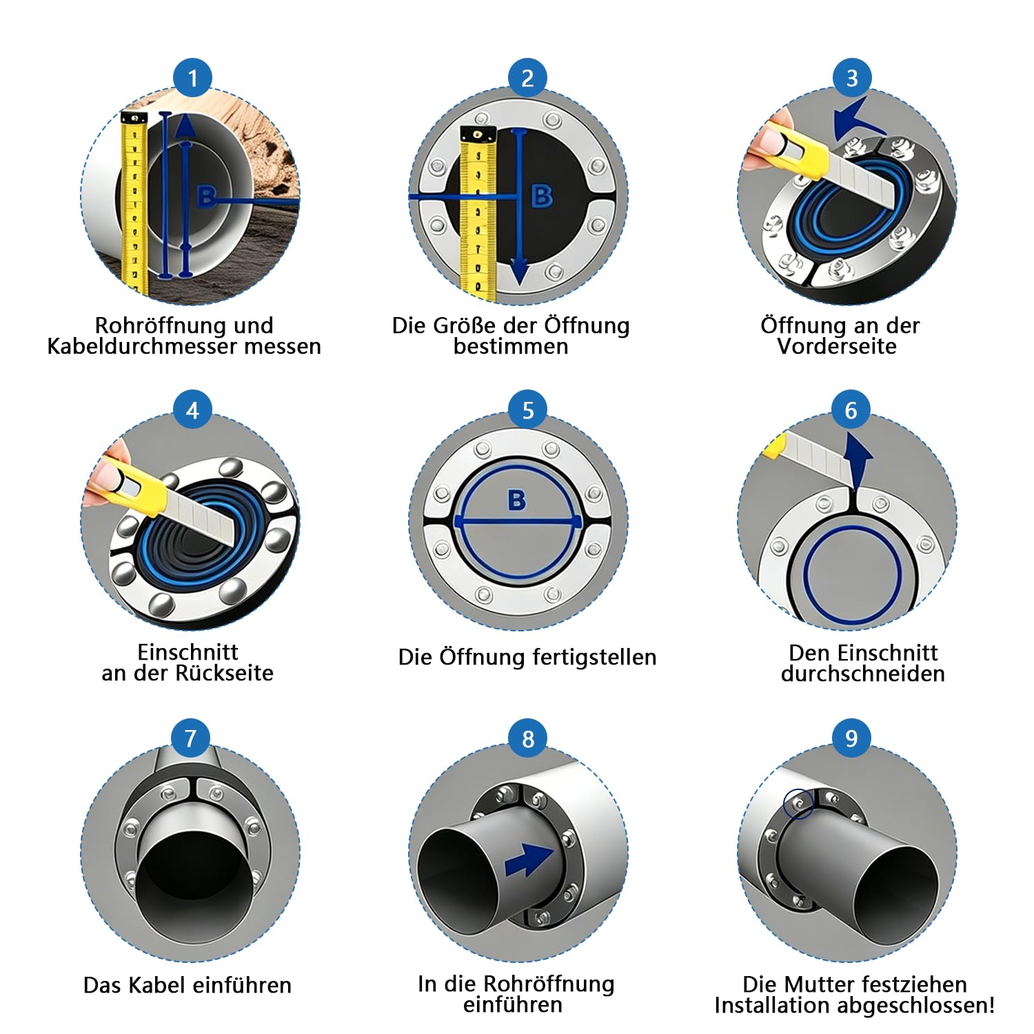 Mauerdurchführung Ringraumdichtung für Kabel und Rohr, Passend für Leitungsrohr 120-130mm & Kabel bis 0-75mm, Gummi Dichtung mit Verzinkter Stahlplatte, Für Stromkabel, Einfache Abdichtung
