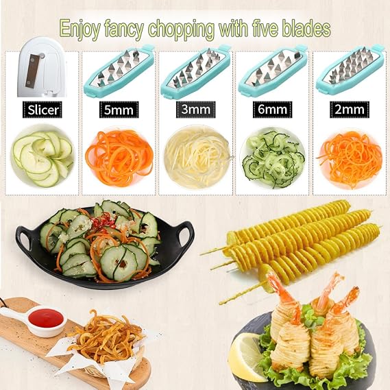 Ourokhome Rotary Cheese Grater Hand Crank, Kitchen Shredder Speed Mandolin Slicer, Zucchini Noodle Maker Spaghetti Spiralizer - 5 Blades Vegetable Slicer