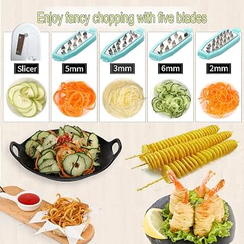 Ourokhome Rotary Cheese Grater Hand Crank, Kitchen Shredder Speed Mandolin Slicer, Zucchini Noodle Maker Spaghetti Spiralizer - 5 Blades Vegetable Slicer