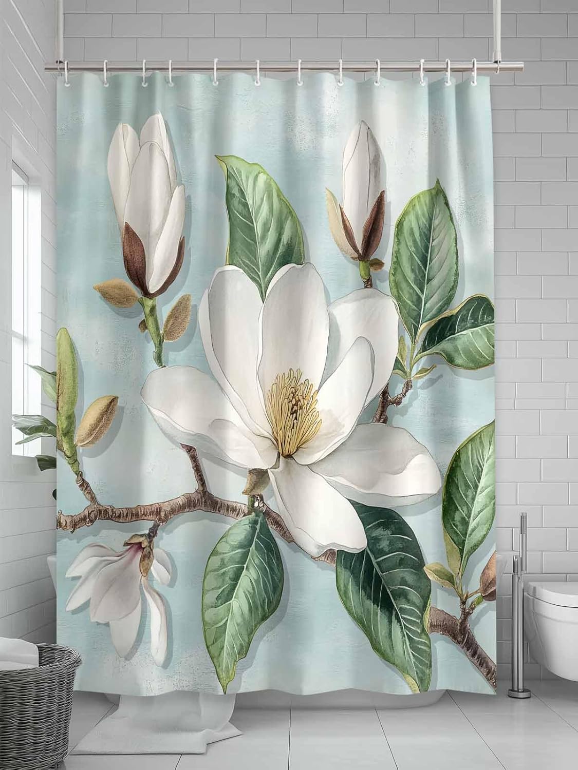 Flowers Shower Curtain Spring White Magnolia Branch Teal Background Shower Curtains for Bathroom Polyester Waterproof Fabric Cloth Bath Curtains with Hooks Home Bathtub Decor 48x72 Inch