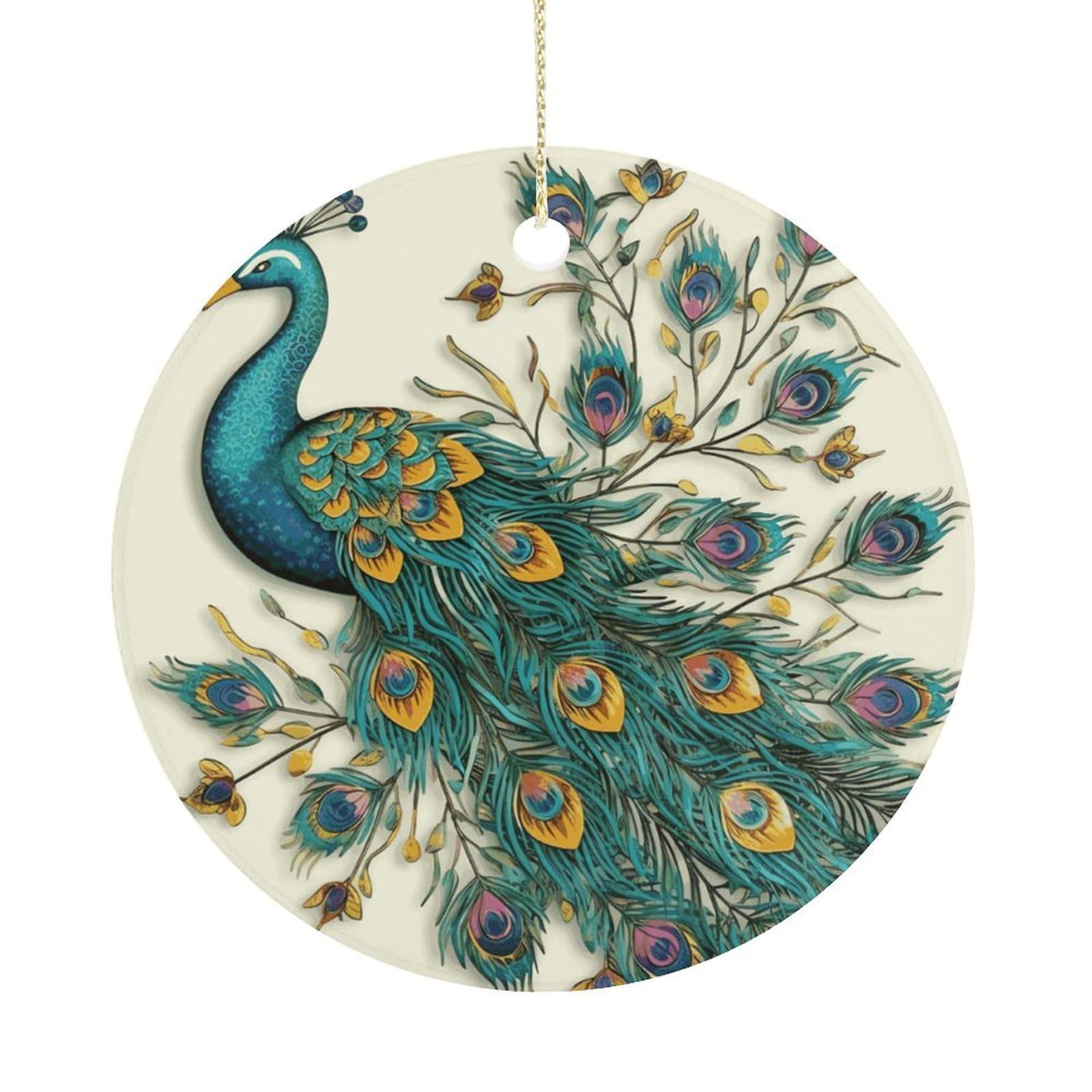 Peacock Pattern Christmas Ornament,Round Ceramic Ornaments Personalized Christmas Tree Ornament for Holiday Porcelain Keepsake Gifts Ideas Home Decor