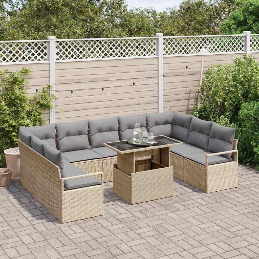 Set di divani da giardino, 10 pezzi, in polyrattan, beige, grigio