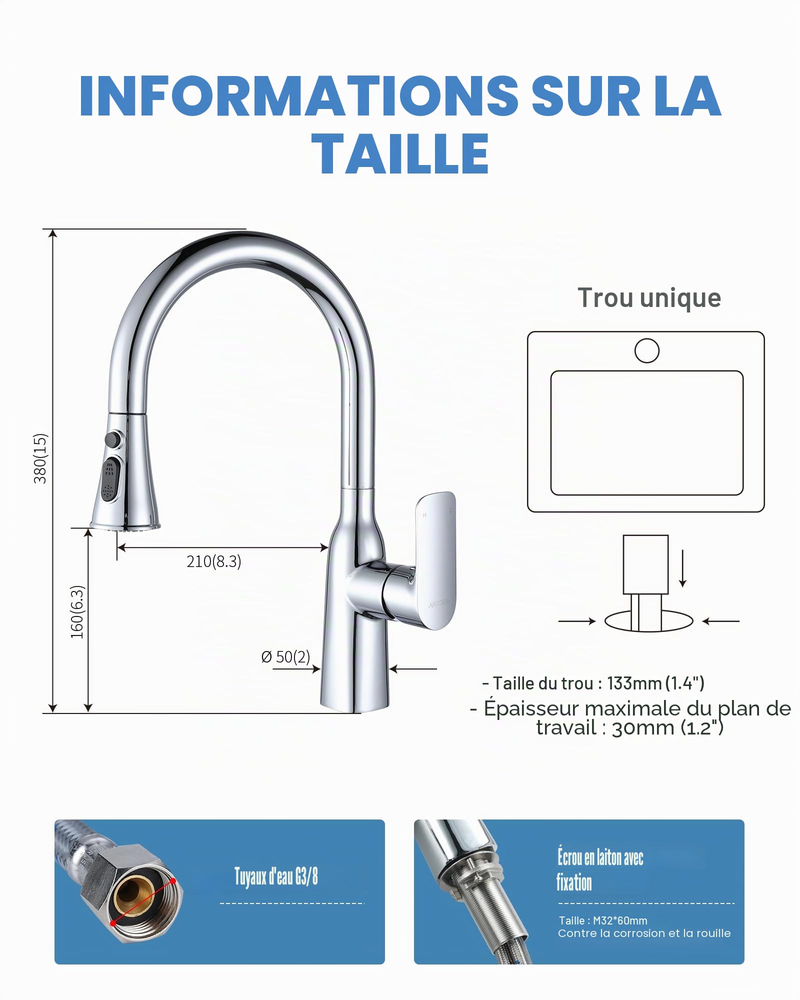 ARCORA Robinet de Cuisine avec Douchette Extractible, Haut Bec Rotatif à 360°, Robinetterie Mitigeur Cuisine Eau Chaude et Froide Réglable, Cartouche en Céramique, pour Évier de Cuisine Haut, Chromé
