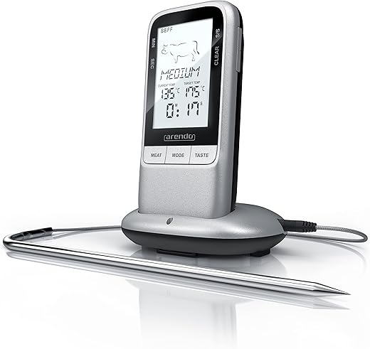 Arendo – Digitales Grillthermometer Bratenthermometer Kabellos – Funk Fleischthermometer- Ofenthermometer mit Timer – Kerntemperatur bis 250°C – BBQ Steak Grill Meat