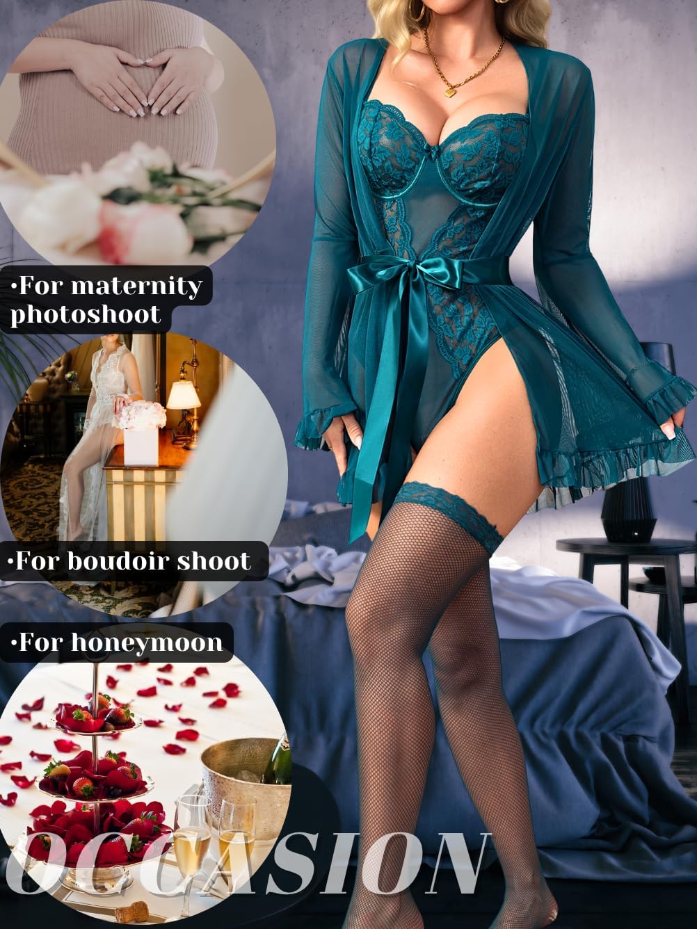 Sexy Lingerie With Stockings,Lace Bodysuit & Sheer Robe Sets,Women Bridal Valentines Boudoir Outfits - Image 4