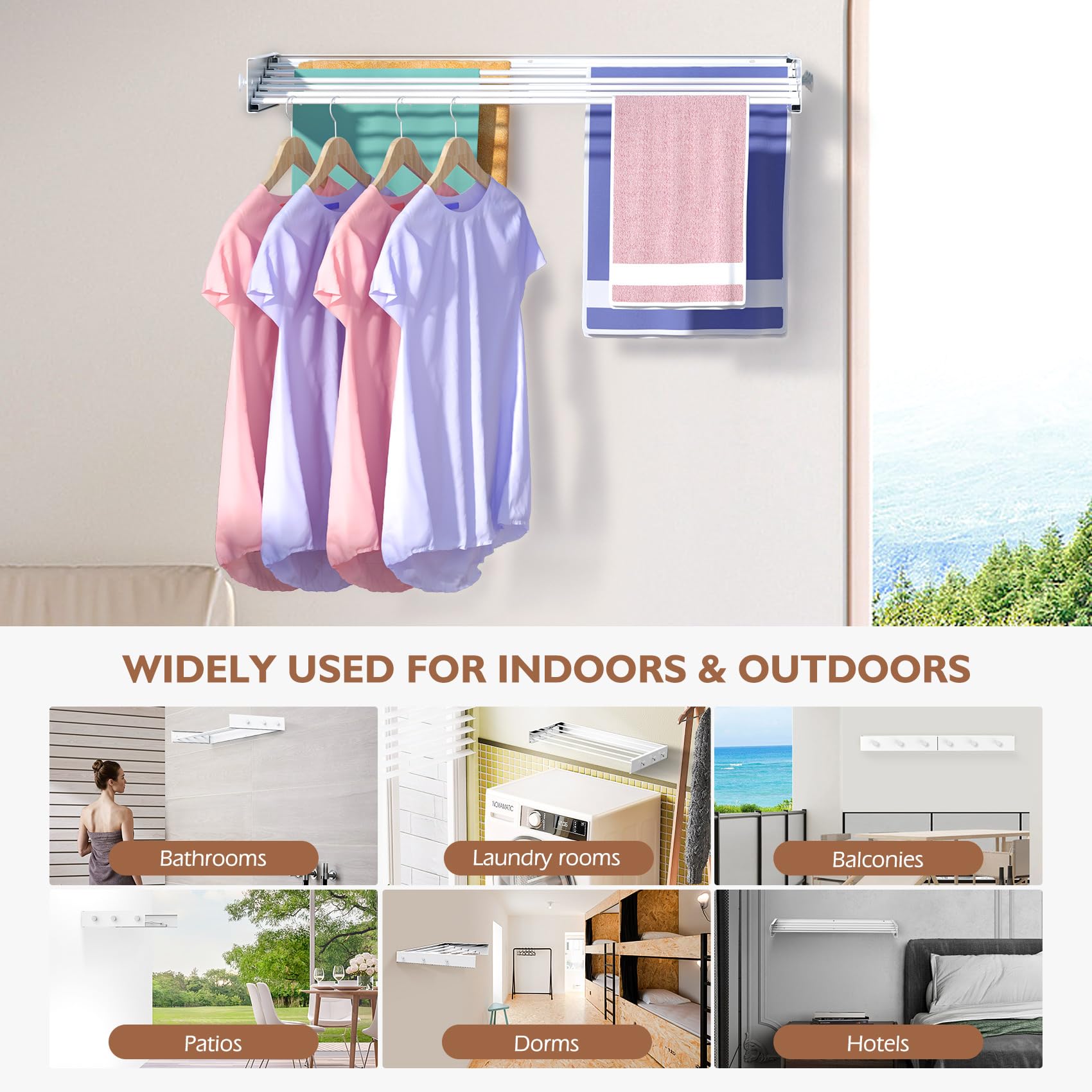 kenvc Wall Mounted Drying Rack: 40" Wide Collapsible Drying Racks for Laundry, 20 Linear Ft Drying, 60lb Load Capacity with Wall Template Screwdriver Bit Drill Bit for Bathroom Bedroom Balcony