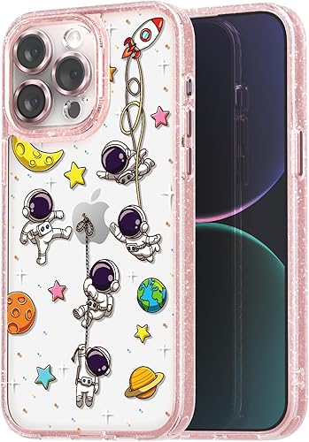 casevivid Funda compatible con iPhone 15 Pro, bonita estética, funda de teléfono rosa con purpurina y protector de cámara, diseño de astronauta