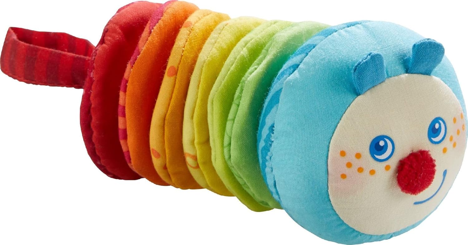 Haba Clatter Figure Caterpillar Mina, Baby rattles 6 Months, Cuddly Toy, 303192, Multicolour