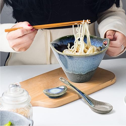 Miniatura 4 de UNICASA - Juego de cuencos de ramen japonés con palillos, cucharas y reposos, 20 onzas de porcelana profunda de fideos juego de 2 para Udon, Pho,