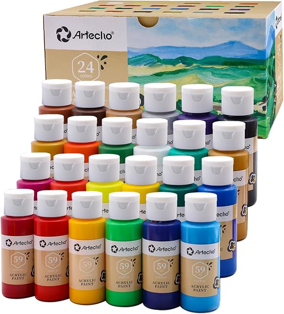 Artecho Acrylic Paint Set 24 Colors 2oz/59ml, Art Craft Paint for Art Supplies, Paint for Canvas, Rocks, Wood, Fabric and Ceramic, Non Toxic Paint for Artists, Beginners and Adults