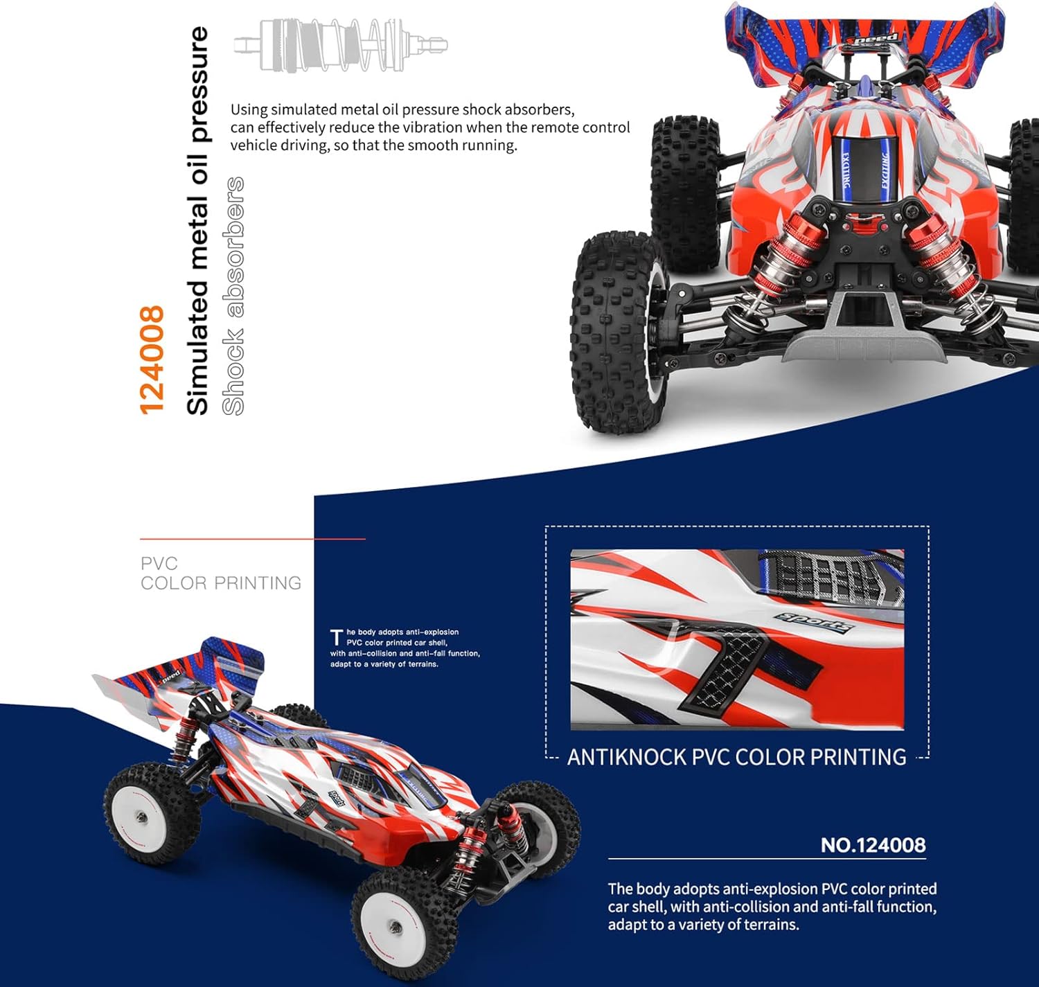Close-up of the Goolsky WLtoys 124008 RC car's rear suspension, highlighting the simulated metal oil pressure shock absorbers.