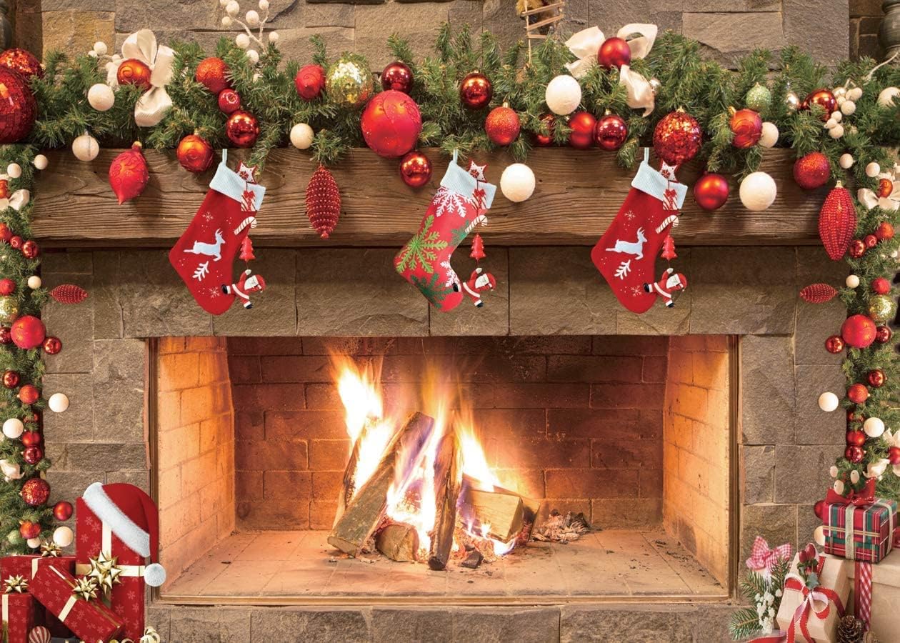 Dudaacvt 10x8ft Christmas Photography Backdrops Christmas Fireplace Theme Backdrop Xmas Party Banner Child Christmas Fireplace Decoration Background Christmas Family Party Background