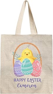 Pattern Pop - Personalized Easter Tote Bag - Sturdy Cotton Blend Canvas Tote - 14â€ W x 15.25â€ H - Personalized for You - â€˜Happy Easterâ€™ Chick and Easter Eggs