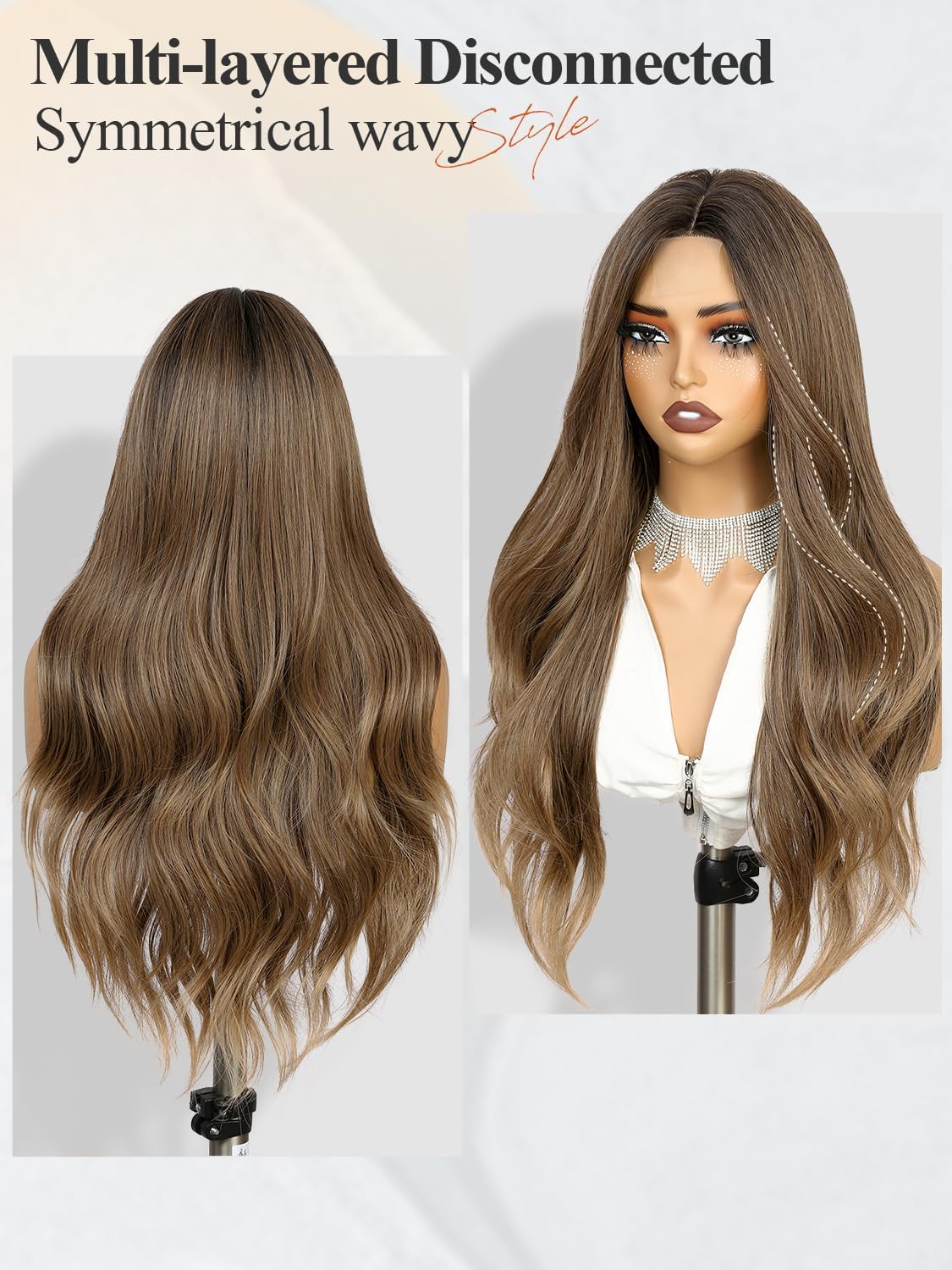 Ombre Brown Hand Tied Lace Scalp Long Curly Wavy Wigs for Women 24‘’ Black to Brown Long Layered Wavy Wig Heat Resistant Synthetic Curly Wig Skin Friendly Lace Hairline Christmas Gift Daily Cosplay