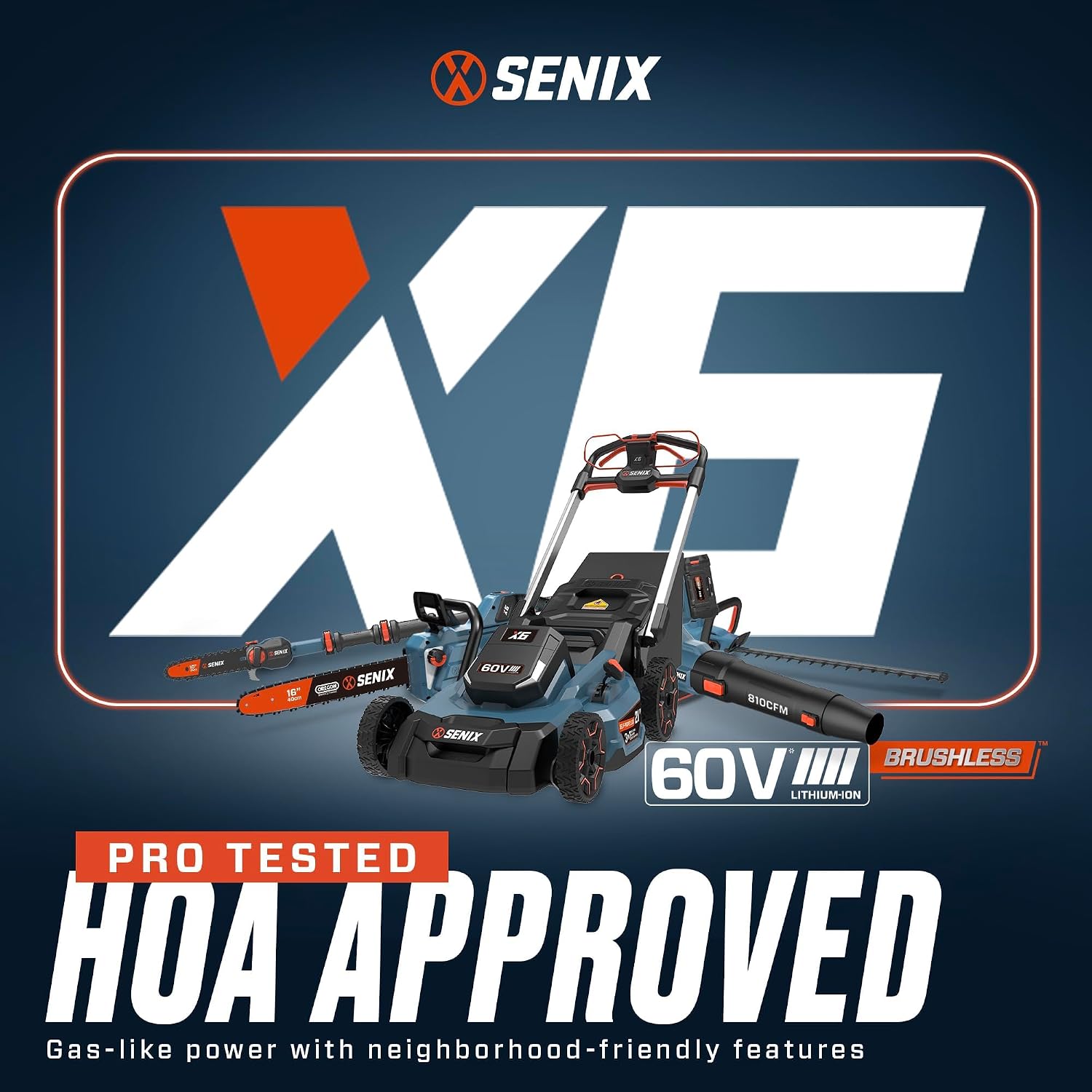 An image showing all components included with the SENIX CSX6-M1 chainsaw: the chainsaw unit, 4Ah battery, 3A charger, and scabbard with drip pan.