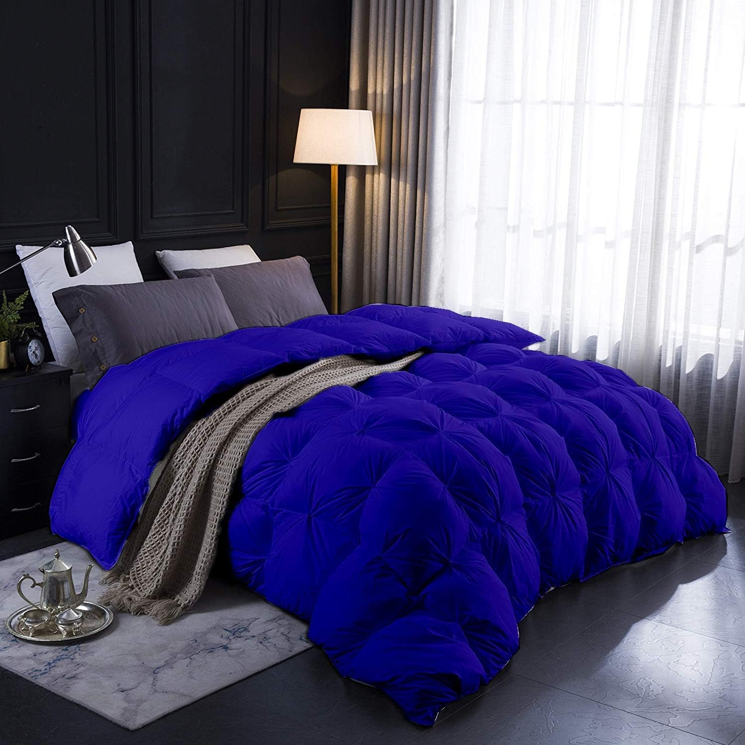 Anex Linen 3 PC Comforter Set Cotton Fill Power 500 GSM Pinch Pleated Comforter All-Season Soft Comfortable Baffle+Pinch Pleat Comforter Set King/Cal King Size-Royal Blue