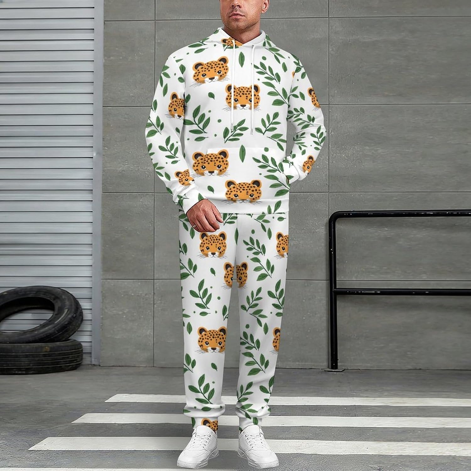 Cute Leopard Leaf Men's Hooded Set Casual 2 Pieces Suits Pullover Tracksuit Hoodies And Sweatpants
