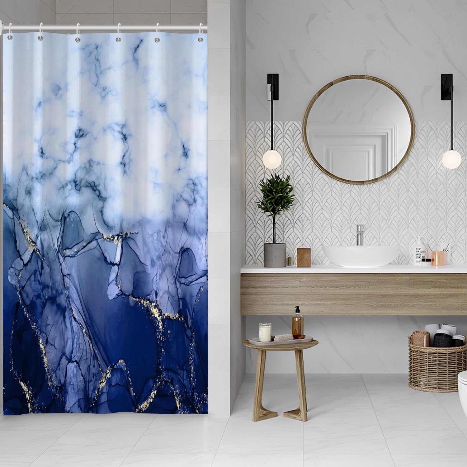Rideau de douche motif marbre bleu marine en tissu imperméable 91x183 cm avec crochets de salle de bain