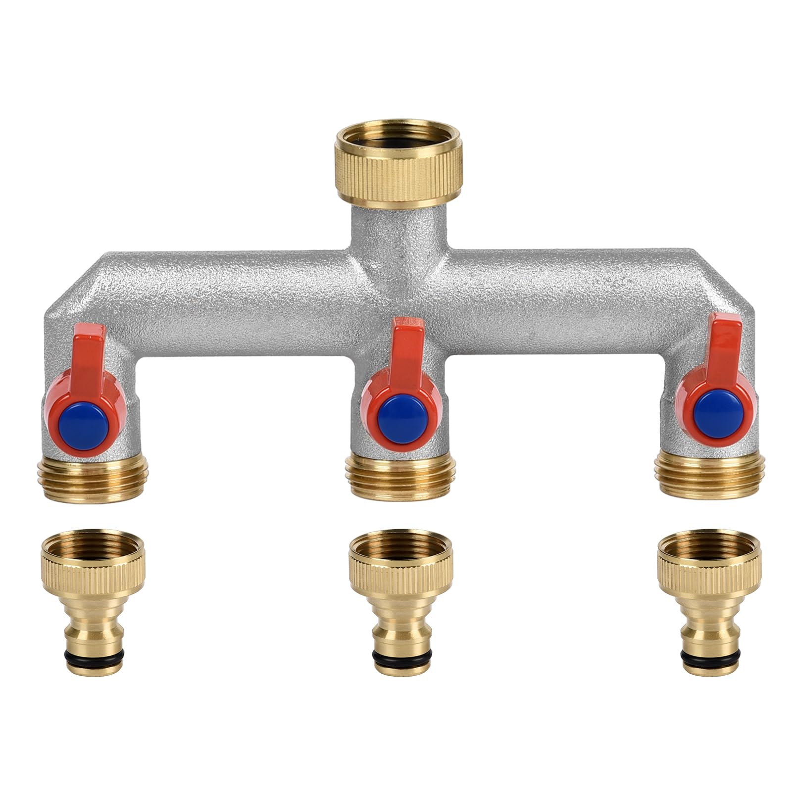 Splitter Acqua A Tre Vie In Ottone Massiccio 3/4" - Raccordo Per Rubinetto Con Valvole Indipendenti, Adattatore Per Tubo Da Giardino