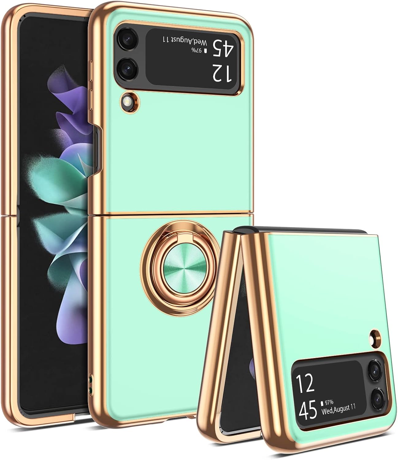 BENTOBEN Galaxy Z Flip 3 Case 5G with 360° Ring Holder, Shockproof Slim Kickstand Magnetic Support Car Mount Women Men Non-Slip Protective Phone Case for Samsung Galaxy Z Flip 3, Teal/Gold