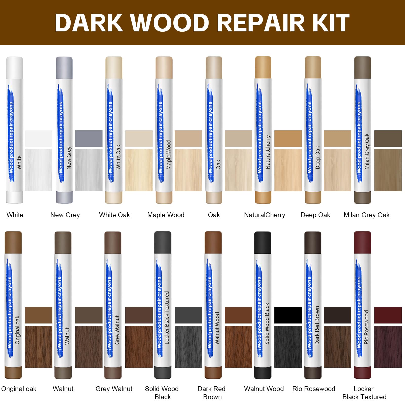 Stucco per Legno Riempitivo 16 Colori , Stucco per Legno, Stucco Legno, Stucco per Marmo, Kit Riparazione Piastrelle, Set di Cera per Legno per Laminato, Legno, PVC, Piastrelle
