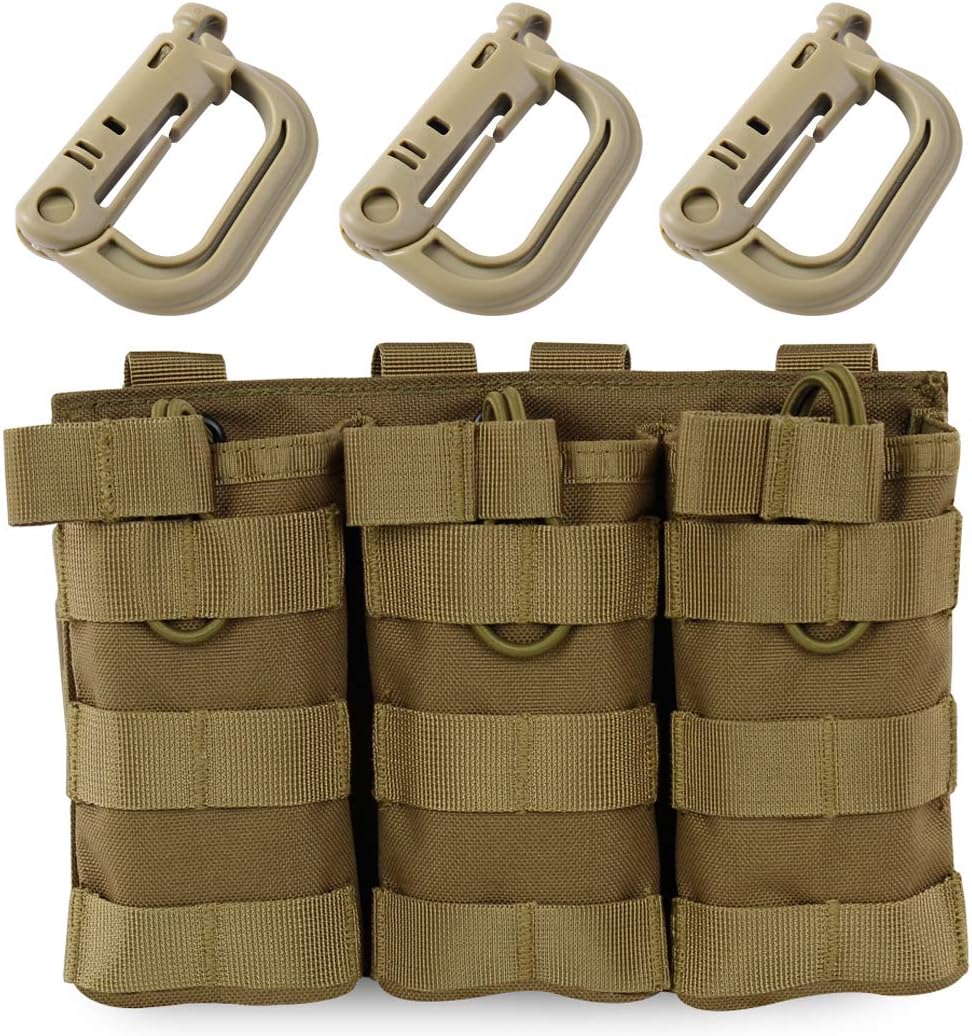 Aoutacc Open-Top Triple Stacker Mag Bag, Tactical Magazine Pouch Molle Pouch for Tactical Vest Accessories Airsoft M4 M16 5.56 ar15 Magazines (with 3 D-Ring Grimlock, Tan)