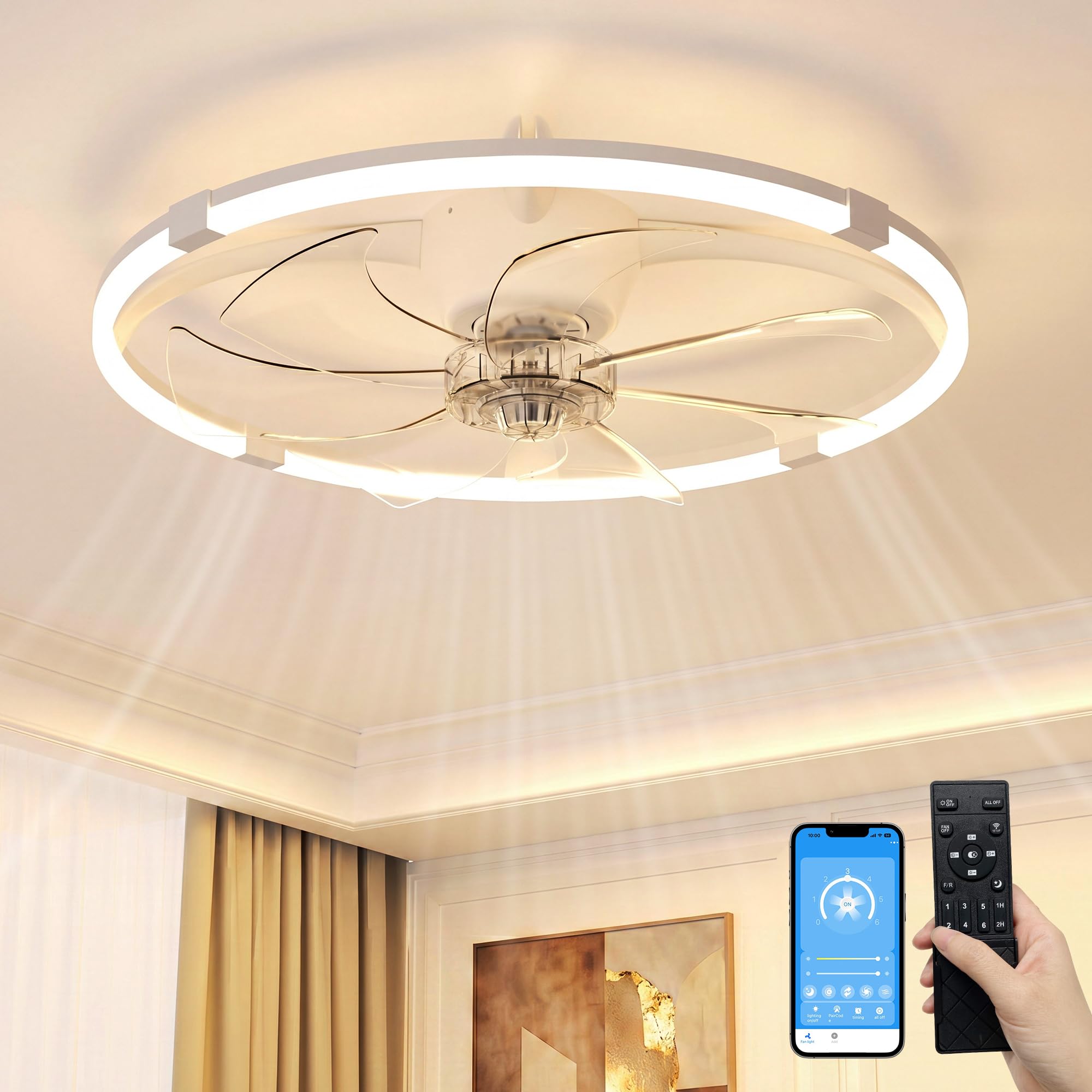 SUNKENET Ceiling Fans with Lights and Remote, 60cm LED Ceiling Fan Light, 3000K-6500K Dimmable Smart Fan Ceiling Light, 6 Wind Speeds & Reversible, White Modern Fan Light Ceiling for Bedroom