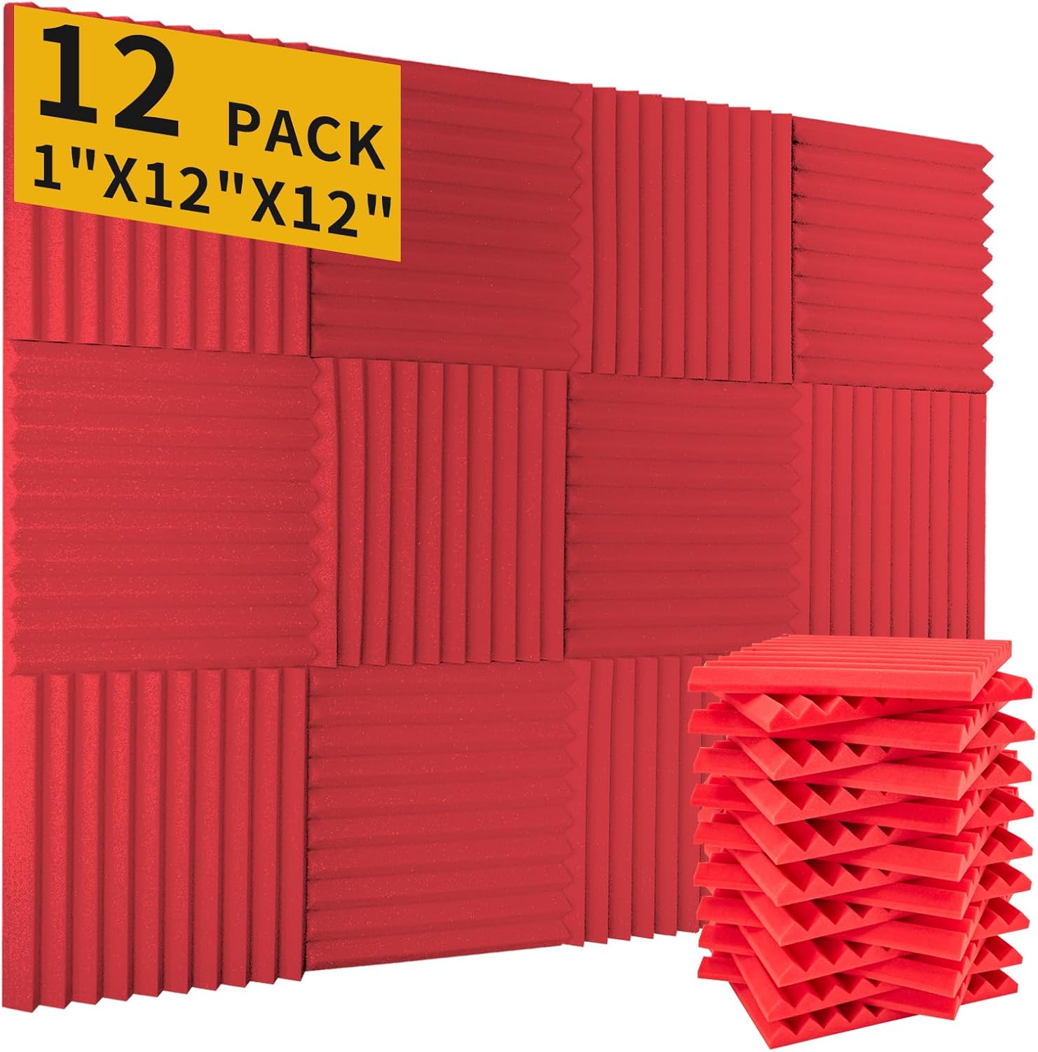 Acoustic Foam Panels 12 Pack 1″ x 12″x 12″ Saiqiang Red Soundproofing Panels Wedges for Wall Noise Absorbing and Sound-Damping Fire-Resistant Sound Proof for Studio, Gaming Room