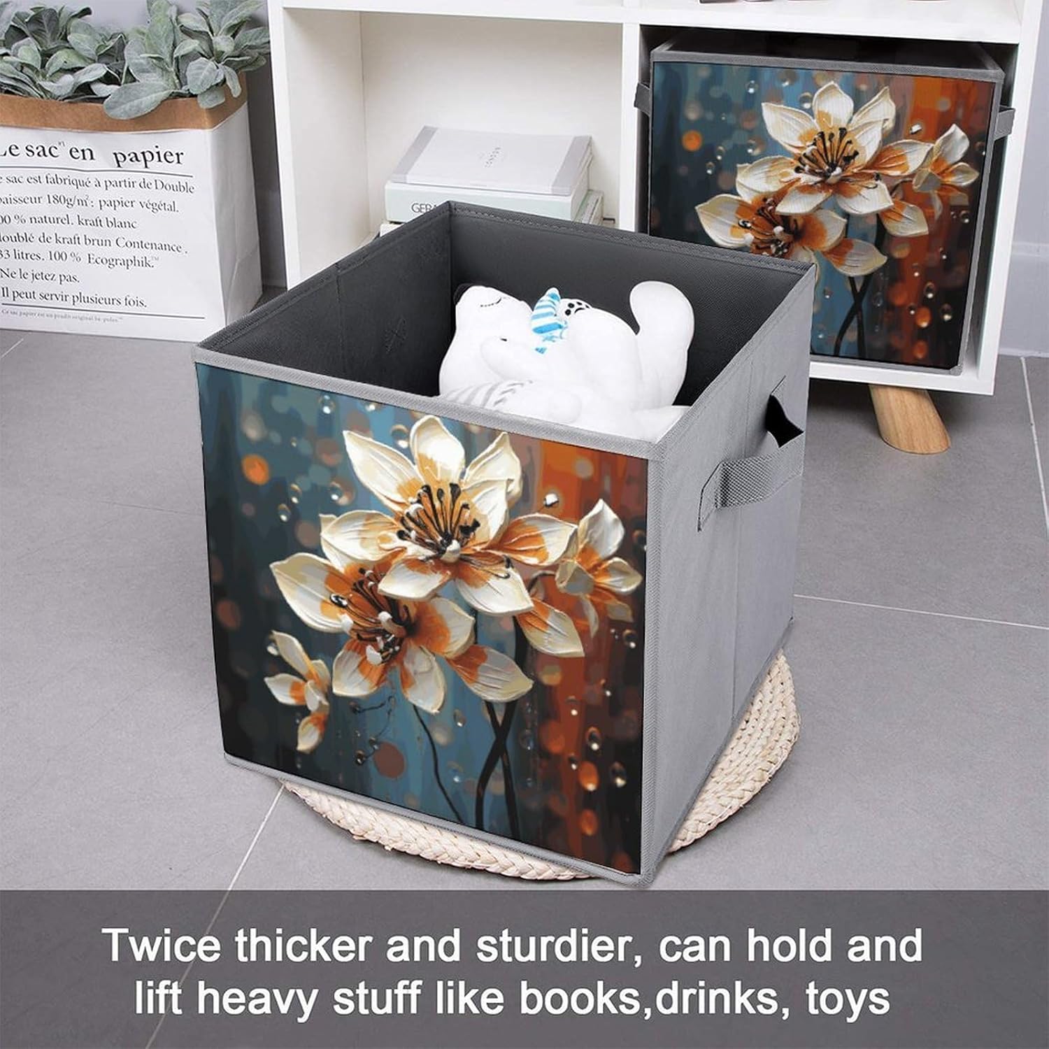 Modern Flower Storage Cubes Set of 6 Storage Bins with Handles Collapsible Storage Basket Fabric Storage Box for Shelves Large Closet Shelf Organizer for Organization 11 Inch