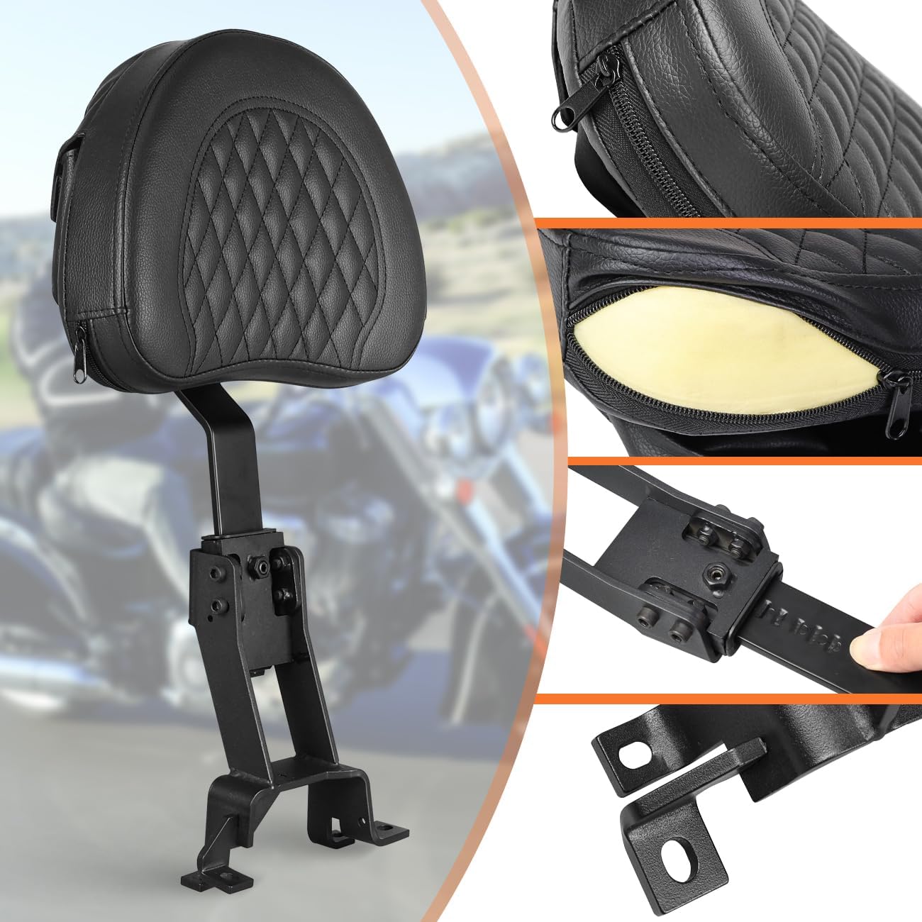 AUFER Detachable Adjustable Plug-in Driver Rider Backrest Sissy Bar Mounting Kit with Backre Rest Pad Compatible with for Chief Vintage Chieftain Classic Roadmaster Springfield 2014-2025