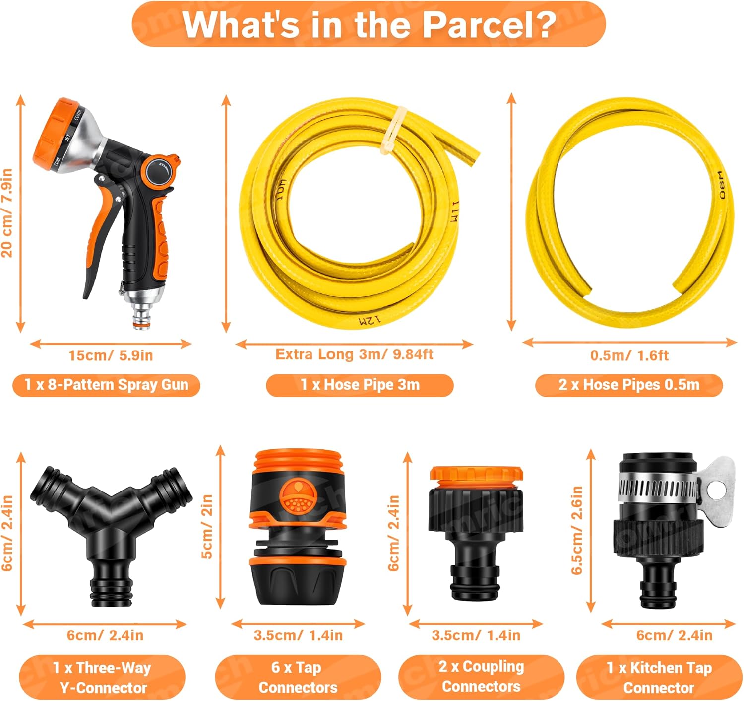 14Pc Dog Washing Hose Attachment - 9.84Ft Long Hose, 2 in 1 Hot & Cold Kitchen Tap Connector, Y-Splitter and 8 Spray Patterns Garden Hose Nozzle for Watering, Car Wash, Cleaning and Showering Pets