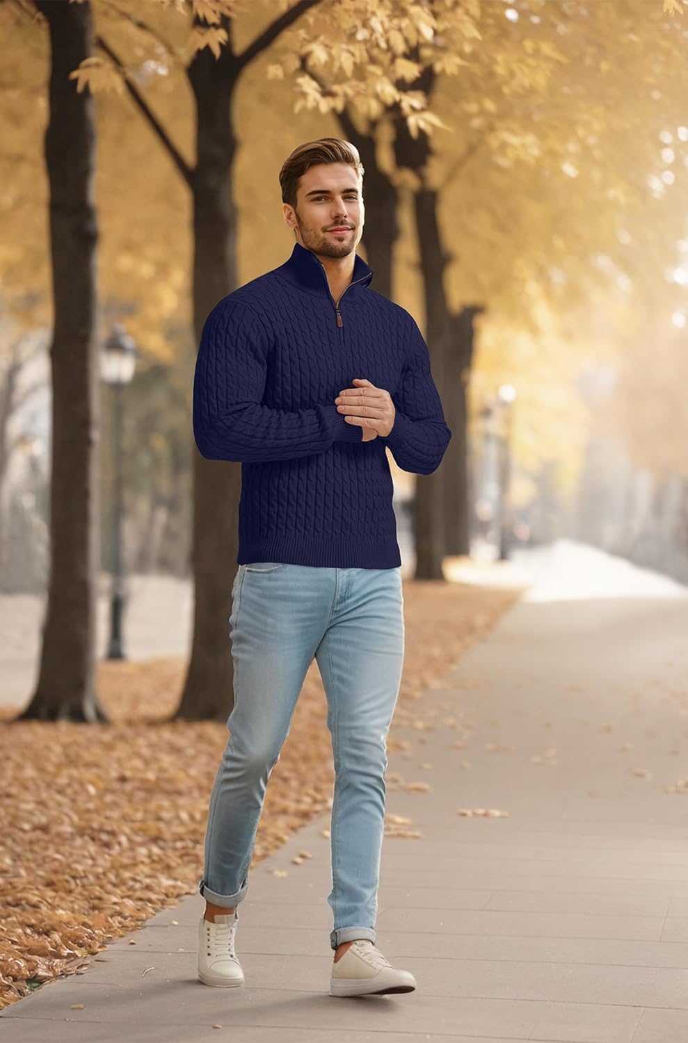 Askdeer Men's Cable Knit Sweater Quarter Zip Sweater Mock Neck Polo Sweater Casual Pullover Sweater with Ribbing Edge - Image 4