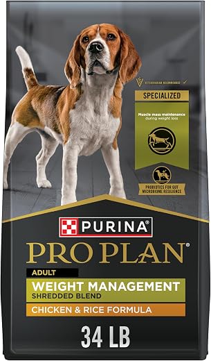 Purina Pro Plan Weight Management Dog Food, Shredded Blend Chicken & Rice Formula – 34 lb. Bag