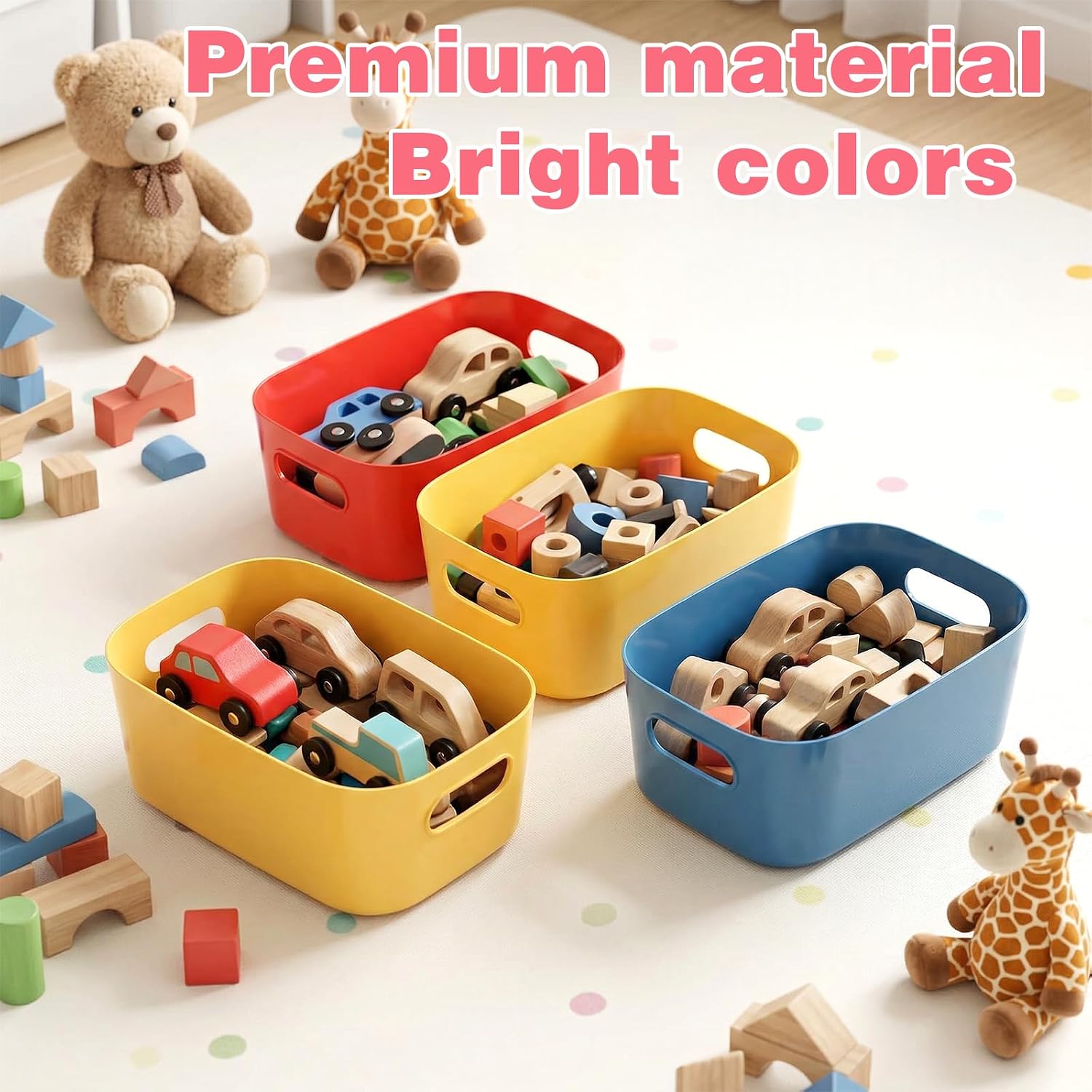 Plastic Basket with Handle - 12 Pack Small Storage Bins for Home Organization, 6 Color Stackable Containers for Kitchen Pantry, Bathroom Cabinet, Office & Closet (9.6 x 6.6 x 3.9 Inch)