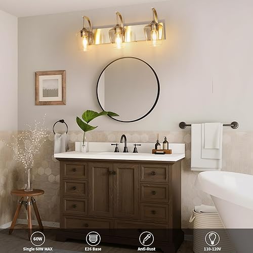 Miniatura 3 de Lámpara de baño de níquel cepillado de 3 luces con pantalla de vidrio transparente, luces de pared modernas de 23.62 pulgadas para dormitorio,