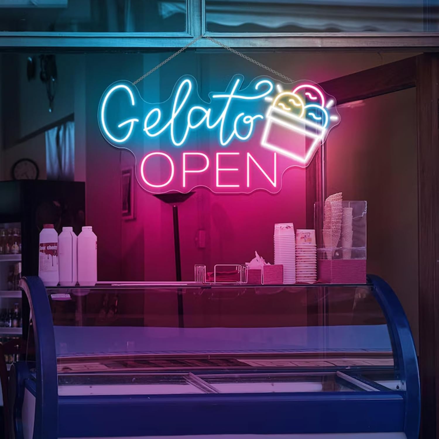 Gelato Open Neon Sign 20 inches Ice Cream Store Business Led Light Up Wall Art Decor for Gelato Store Ice Cream Shop Coffee Bar Wall Art Decorations
