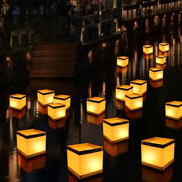 20Pack Paper Floating Water Lanterns,Gold+White Square Memorial Candle Lantern,Table Lanterns Decorative Outdoor for Weeding,Lawn,Pool,Wishing 20Pack Paper Lanterns with Candles
