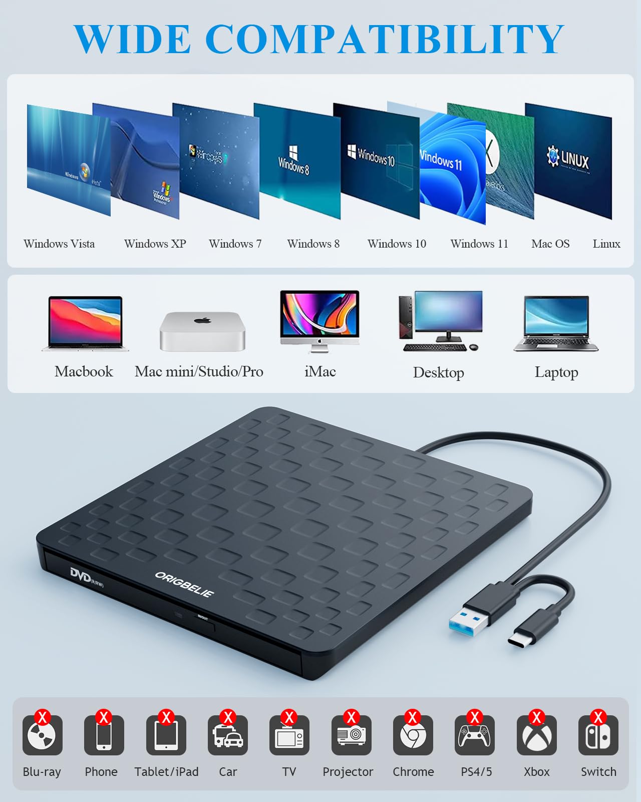 ORIGBELIE - Zewnętrzny napęd CD i DVD do laptopa, USB 3.0 typu C ultra cienki 13mm przenośny odtwarzacz DVD CD DVD +/-RW nagrywarka CD nagrywarka dla PC