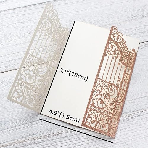 Miniatura 3 de Diseño de puerta de invitaciones de oro rosa hueca brillante para bodas, compromisos, sirena, 25 juegos (oro rosa, 4.9 x 7.1 pulgadas)