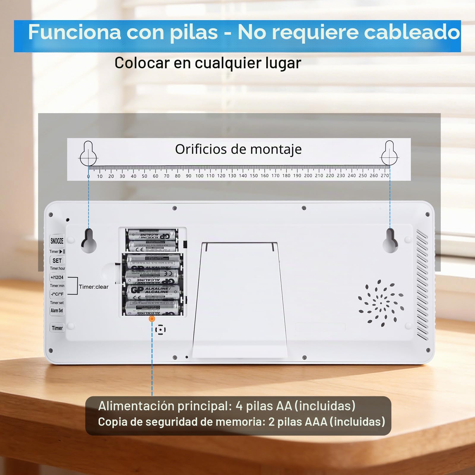 XREXS Reloj de Pared Digital 13,46" LCD Multilingüe con Calendario, Despertador, Alarma y Temporizador - A Pilas, Temperatura, para Hogar, Oficina, Cocina y Clases - Batería Incluida