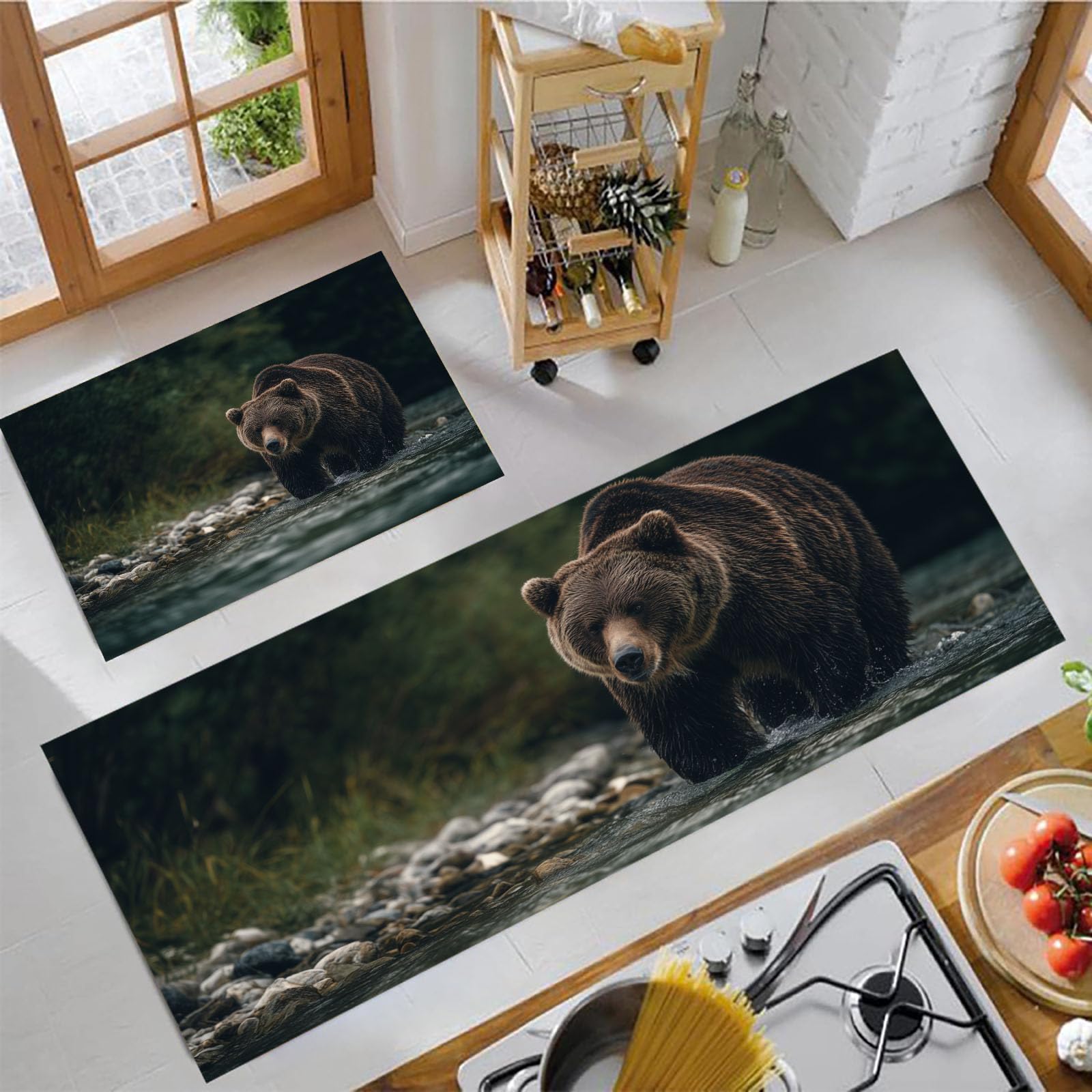Alfombras de cocina de oso verde oscuro tapetes antideslizantes de paisaje 50x80 50x150